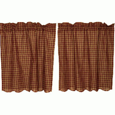 ティアカーテン　Burgundy Check Scalloped Tier Curtain 