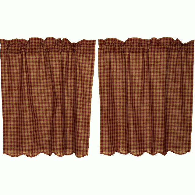 ティアカーテン Burgundy Check Scalloped Tier Curtain